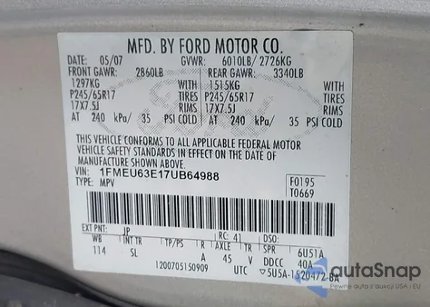 2007 Ford Explorer Xlt z USA, uszkodzony, nr VIN 1FMEU63E17U864988
